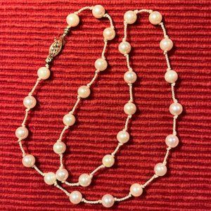 8mm Cultured Pearl Silk Knotted Necklace with 14KT Yellow Gold Clasp - 18 inches